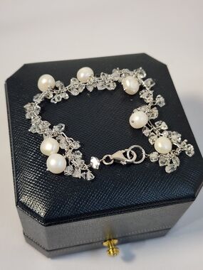 NIB 10.33cts Platinum Clad Herkimer Diamond & Freshwater Pearl 925 7.5” Bracelet